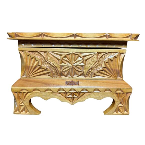 Russia Intricate Carved Wooden Trinket Jewelry Box Vintage Blue Velvet 8" USSR - Picture 1 of 14